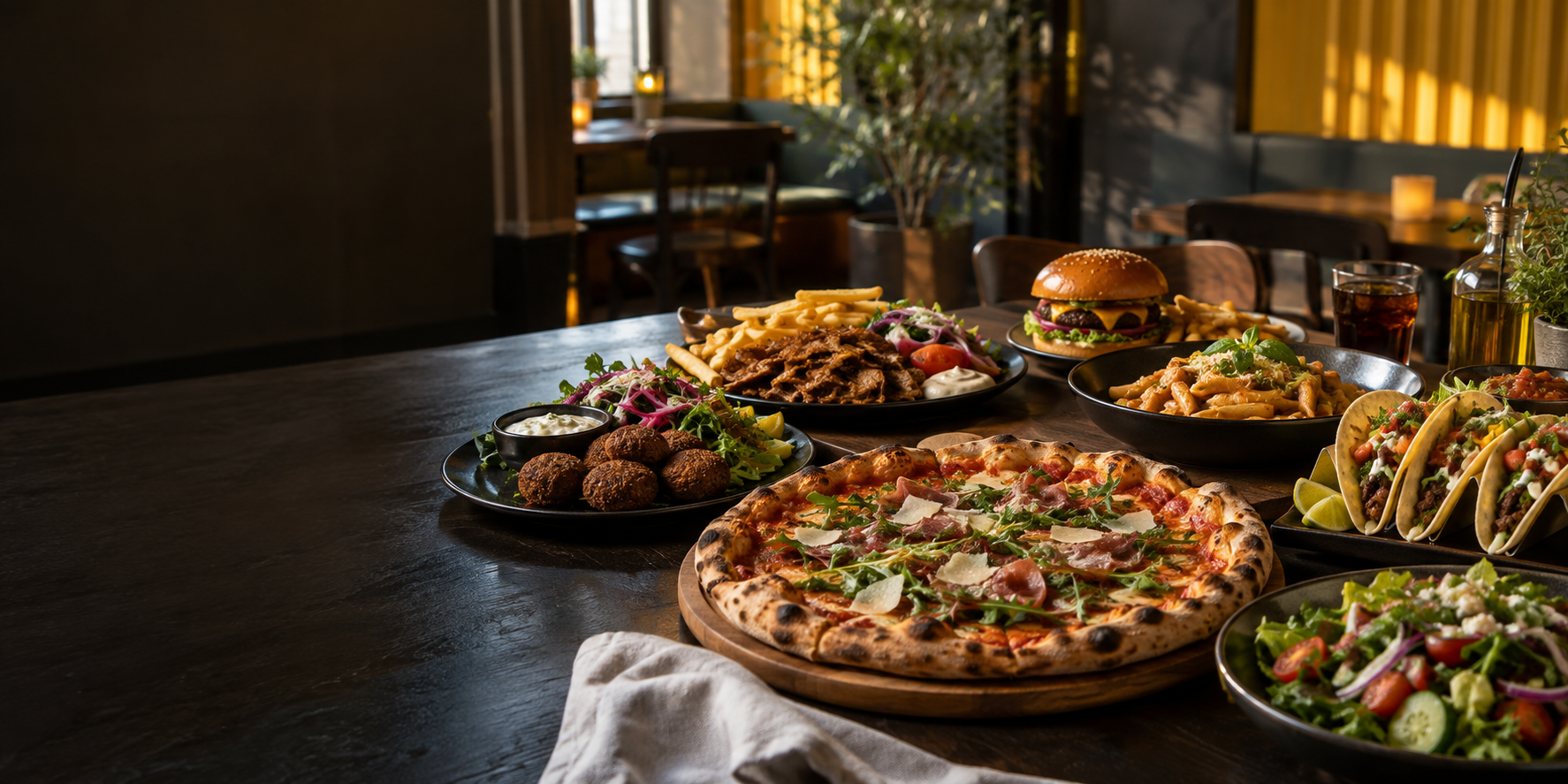 Ett bord fyllt med pizza, kebab, falafel, pasta, hamburgare, taco och sallad